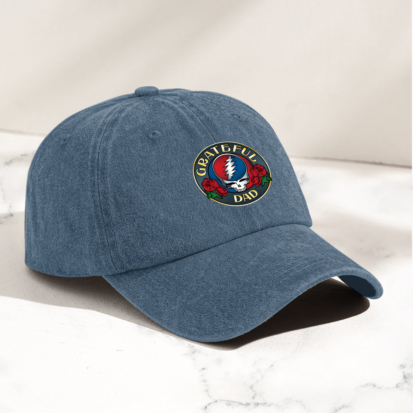 Grateful Dead Denim Cap – “Grateful Dad” Skull & Roses Dad Hat ( With Box)