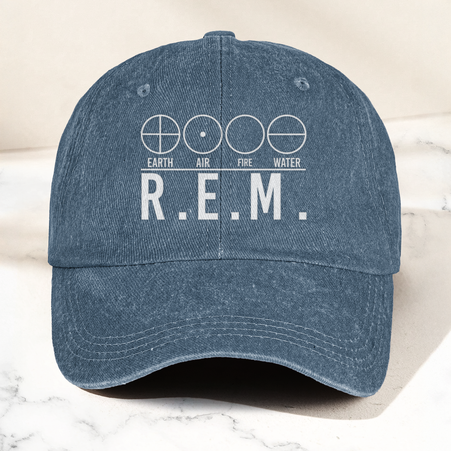 R.E.M Elements Logo Cap – Vintage Washed Black Denim Dad Hat, Earth Air Fire Water Minimalist Band Hat (With Box)