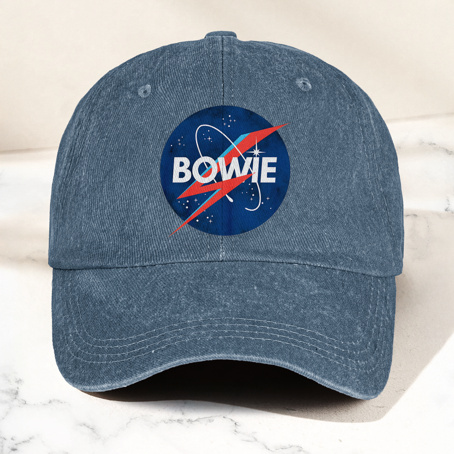 David Bowie NASA Lightning Bolt Logo Denim Cap – Retro Punk Rock Music Fan Cap Gift For Dad (With Box)