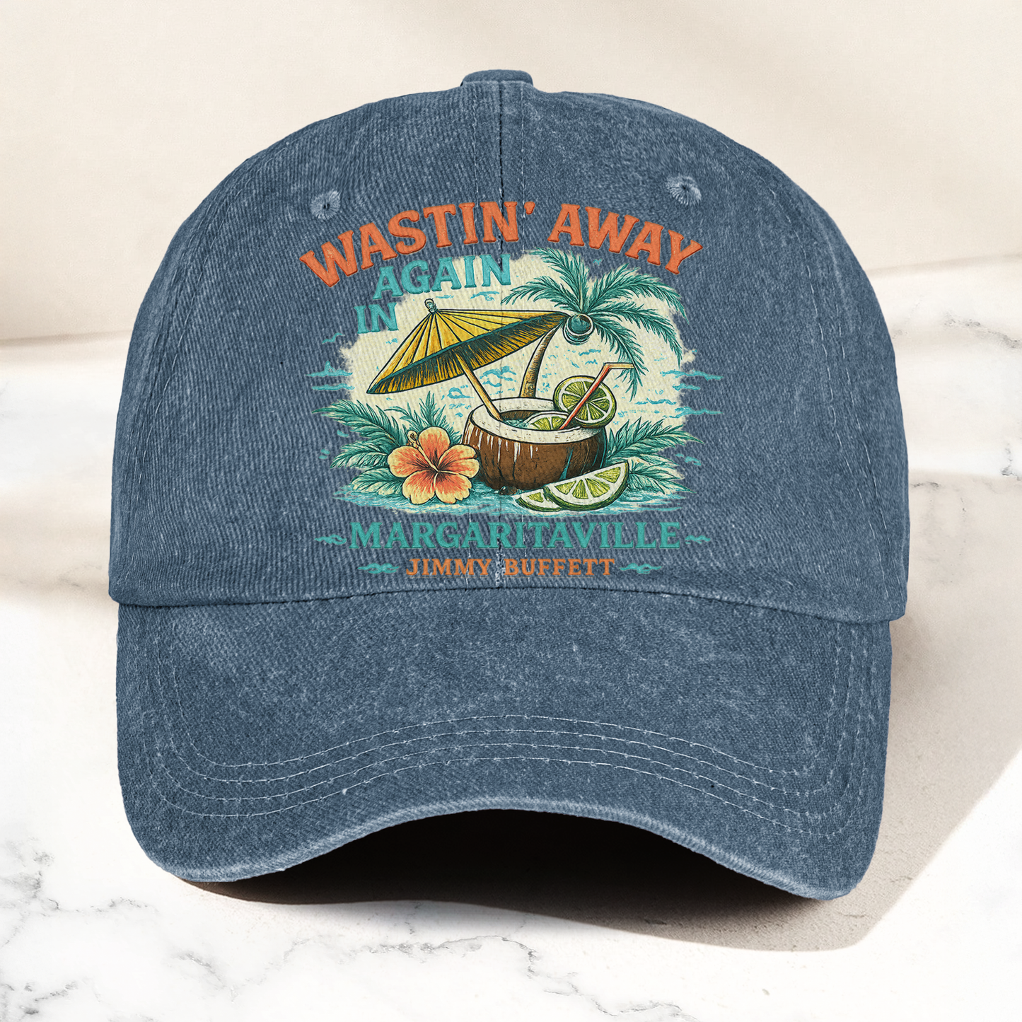 Jimmy Buffett Margaritaville Wastin Away Again Tropical Cocktail Beach Denim Cap – Retro Vintage Dad Cap Gift For Dad (With Box)