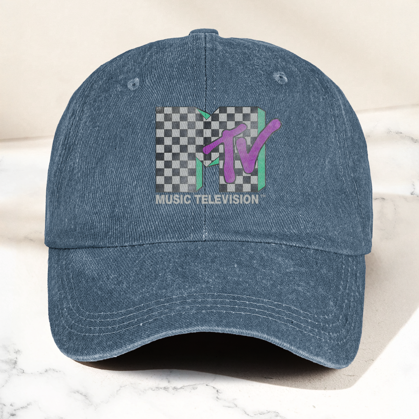 MTV Checkerboard Logo Cap – Vintage Washed Hat, Retro 80s Music Television Streetwear Hat (With Box)