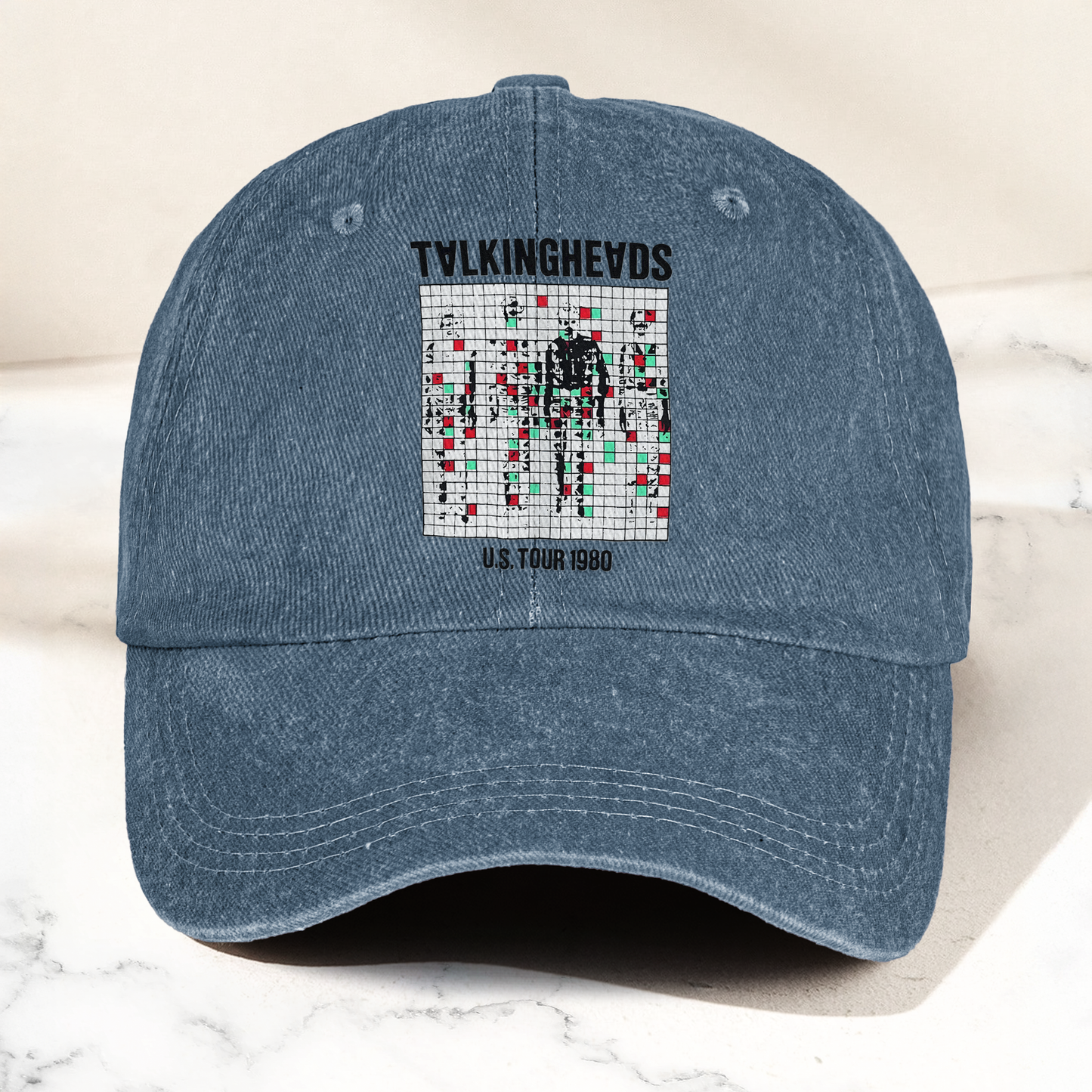 Talking Heads US Tour 1980 Cap – Vintage Washed Black Denim Dad Hat, Glitch Graphic Retro Band Hat (With Box)