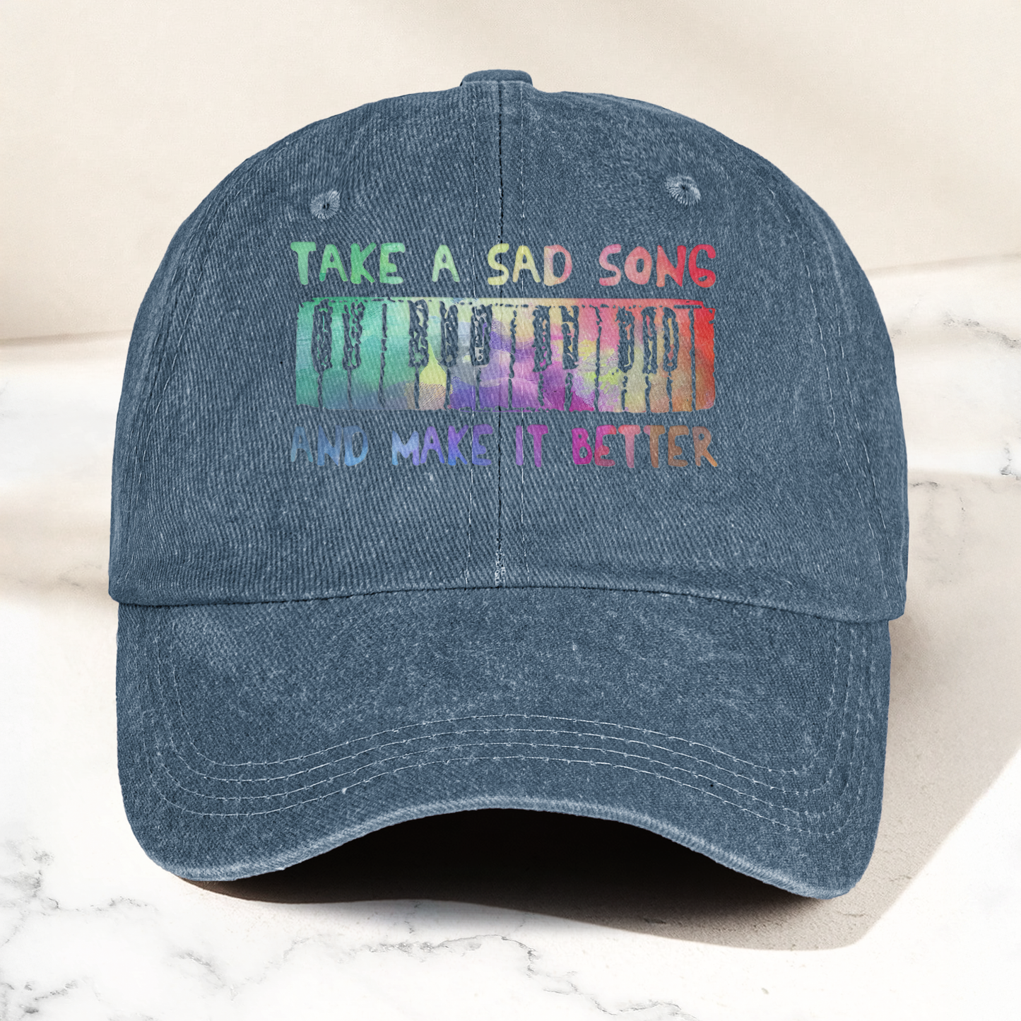 Take A Sad Song Piano Cap – Vintage Blue Dad Hat, Retro Music Quote Minimalist Piano Hat (With Box)