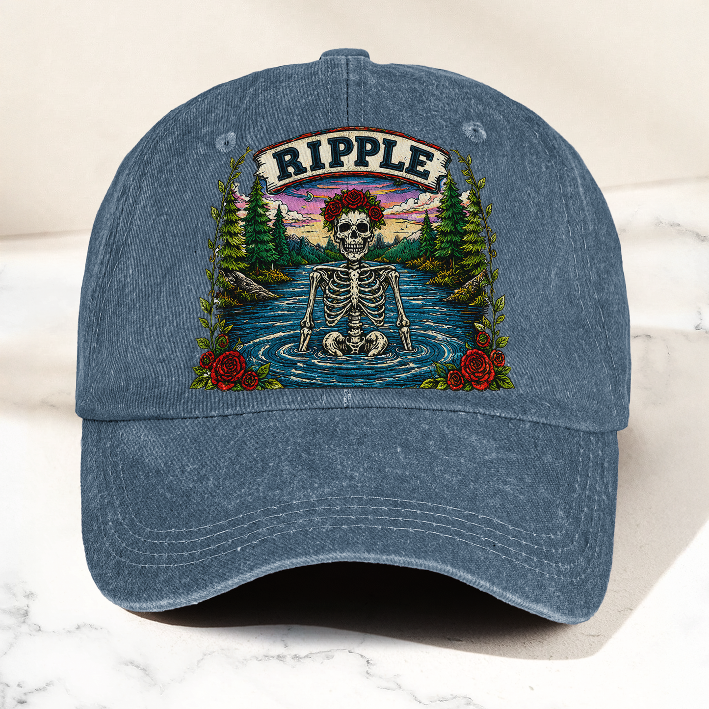 Grateful Dead Ripple Lyrics Skeleton River Nature Denim Cap – Retro Vintage Dad Cap Gift For Dad (With Box)