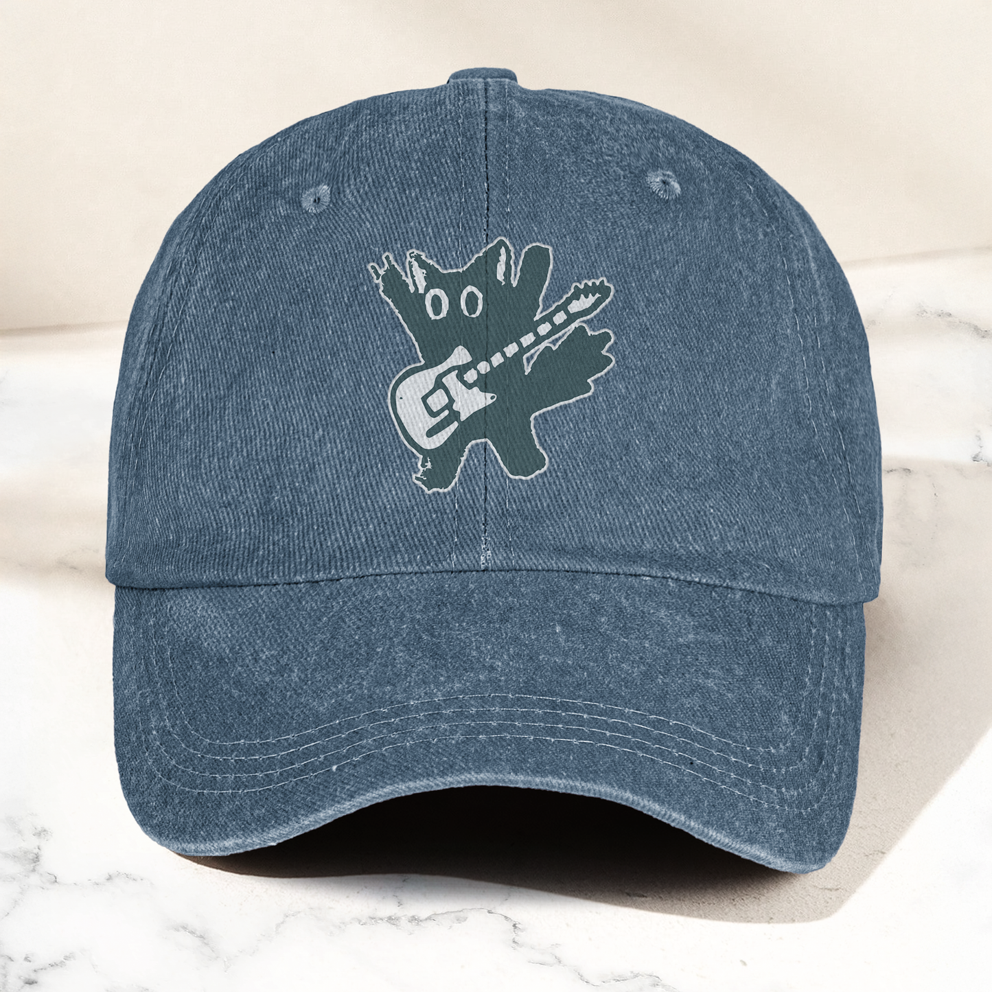 Rockstar Cat Artwork Vintage Denim Cap – Retro The Cure Band Merch Gift for Dad (With Box)
