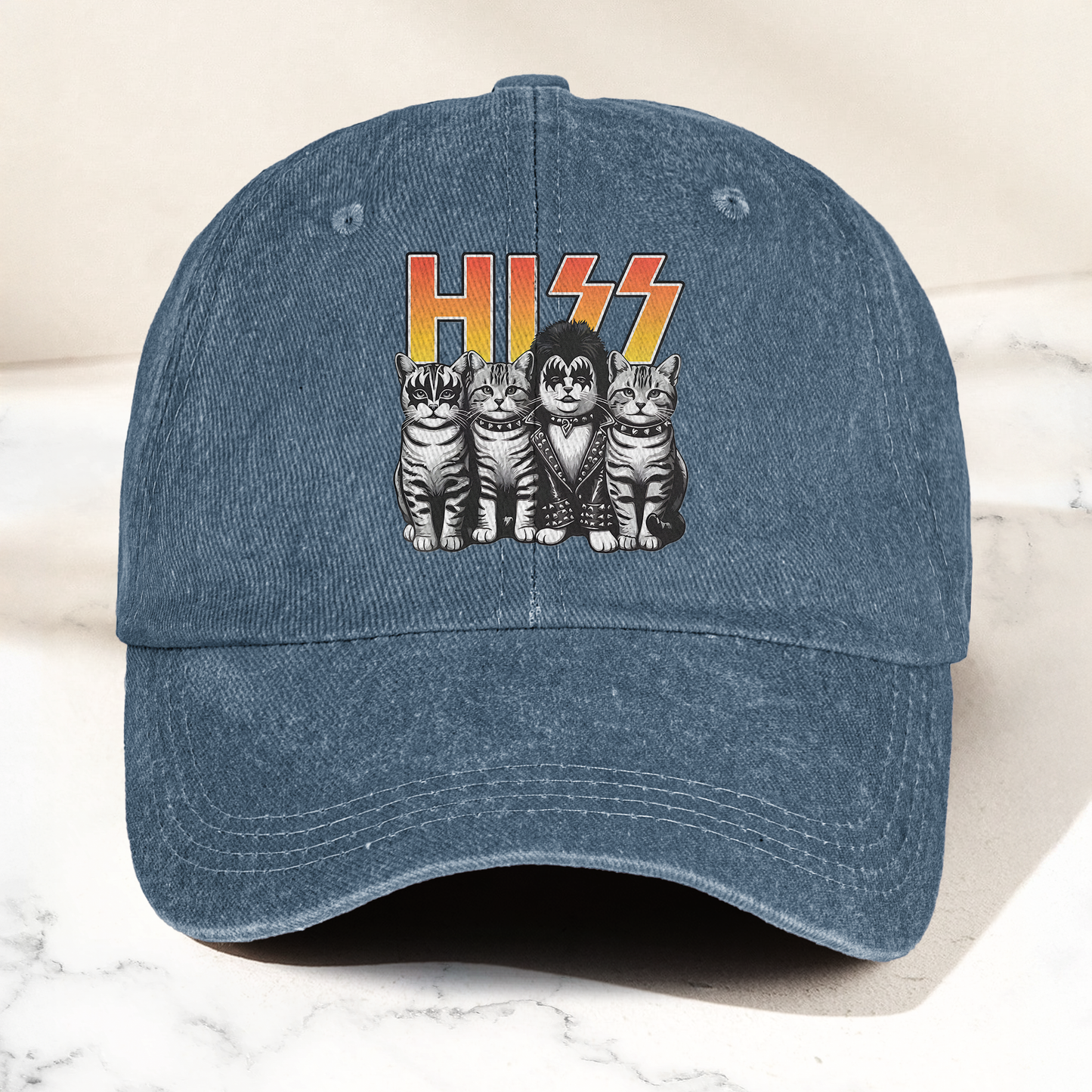 Hiss Cats Rock Kittens Denim Cap – Retro Hiss Band Merch Gift for Dad (With Box)