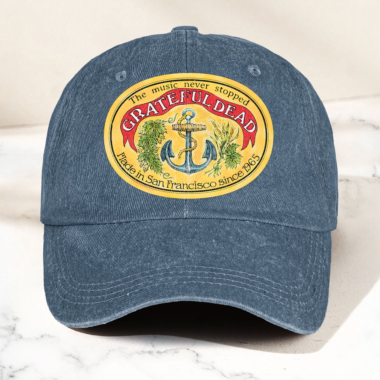 The Music Never Stopped Denim Cap – Grateful Dead Tribute Merch Dad Hat (With Box)