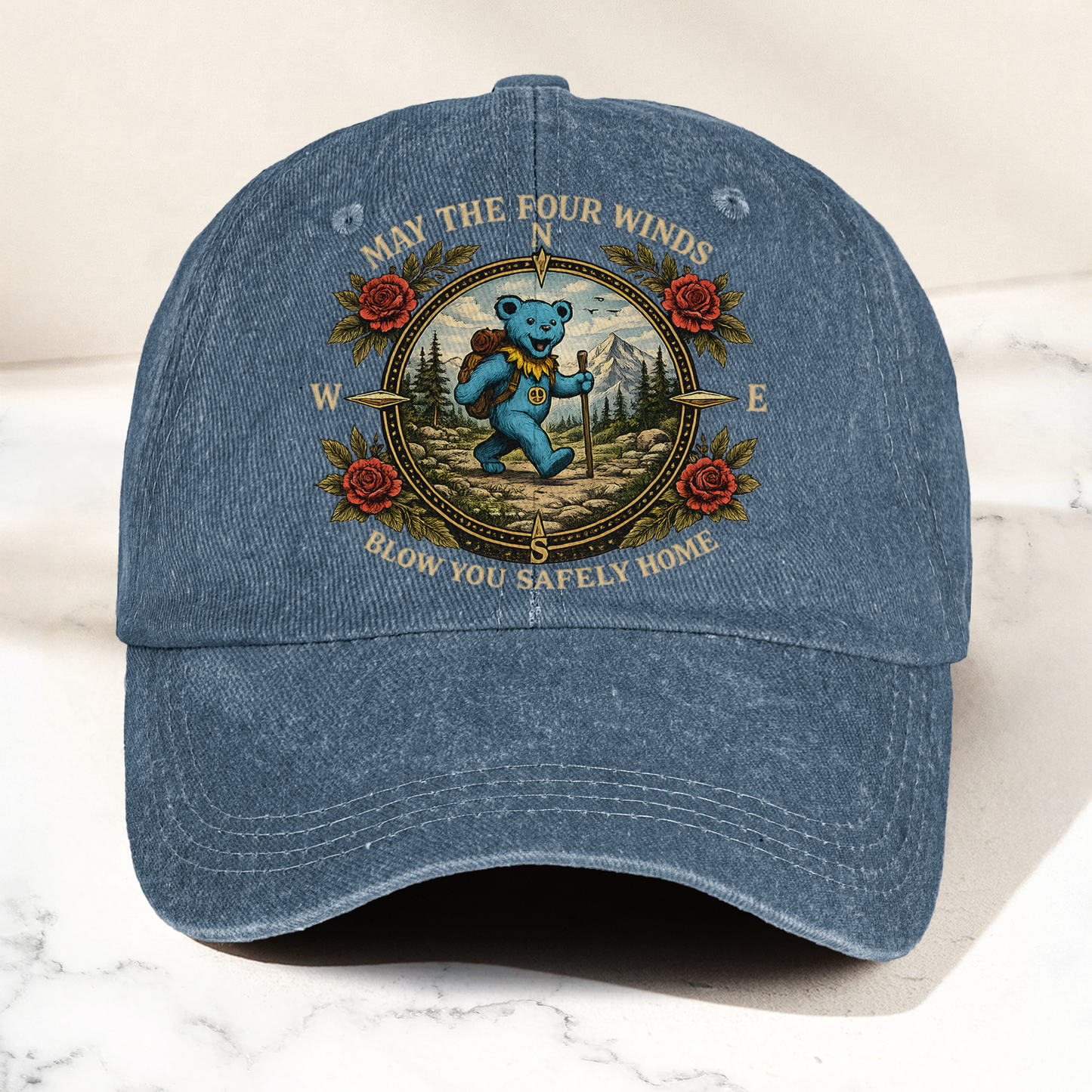 Grateful Dead Franklin's Tower May The Four Winds Blow You Safely Home Blue Dancing Bear Hiking Denim Cap – Retro Vintage Dad Cap Gift For Dad (With Box)
