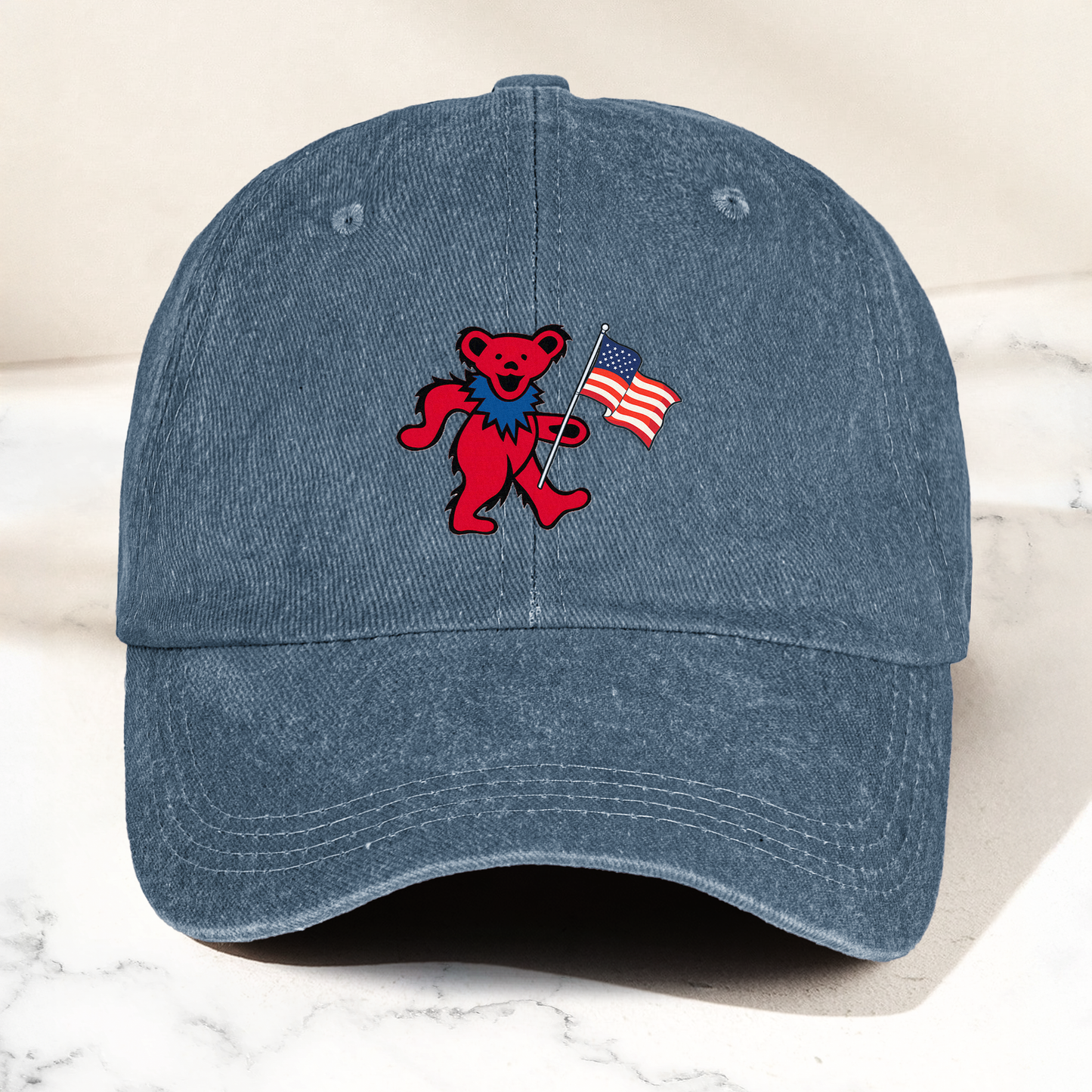 Patriotic Dancing Bear Denim Cap – Retro USA Flag Dad Hat (With Box)