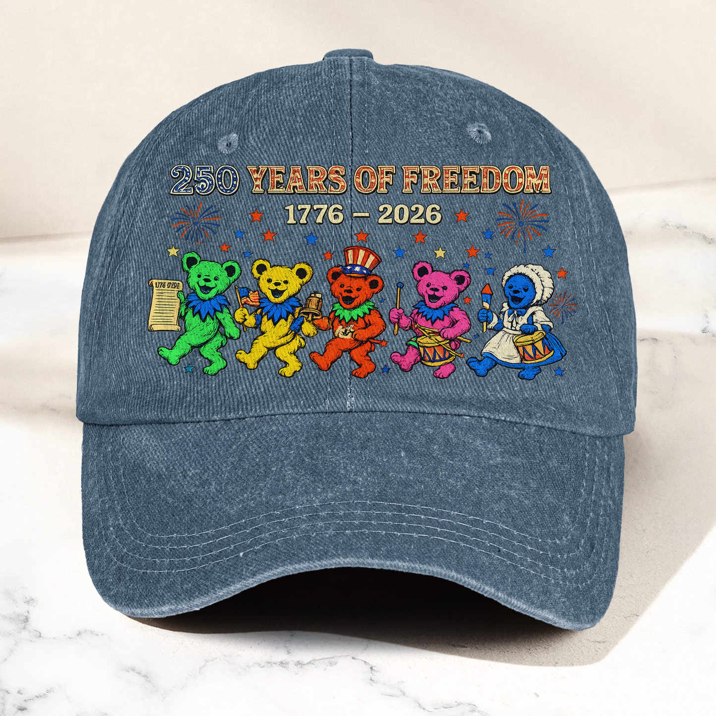 Grateful Dead 250 Years Of Freedom 1776 2026 4th of July Dancing Bears Denim Cap – Retro Vintage Dad Cap Gift For Dad (With Box)