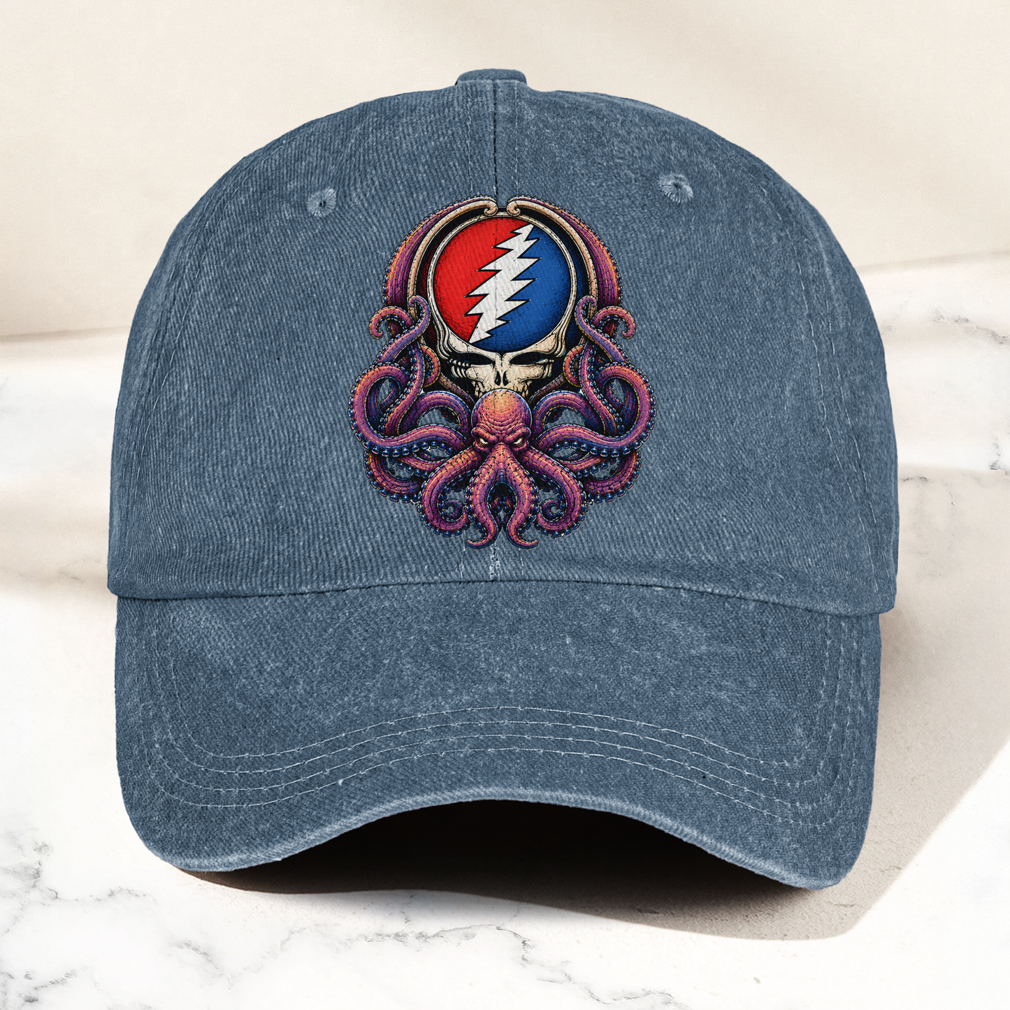 Grateful Dead Octopus Kraken Steal Your Face Lightning Skull Denim Cap – Retro Vintage Dad Cap Gift For Dad (With Box)