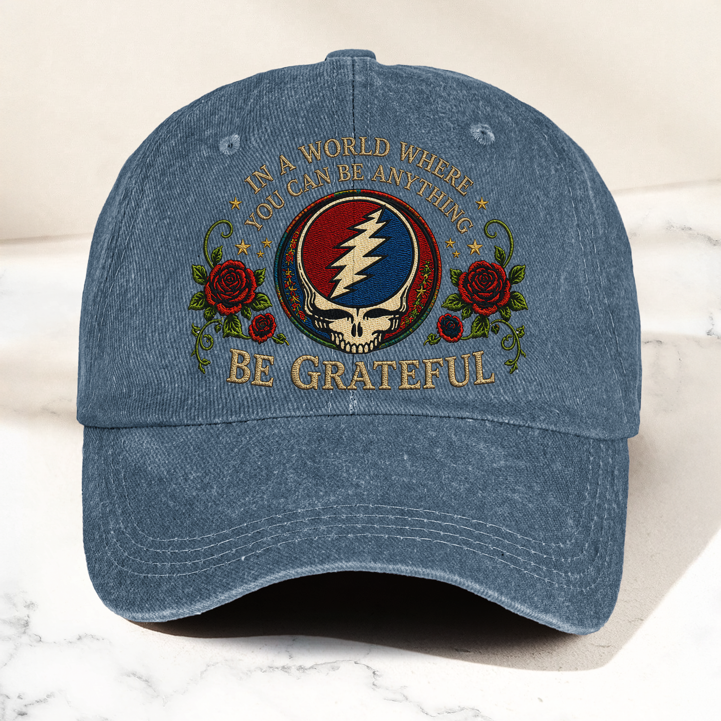 Grateful Dead Be Grateful Steal Your Face Lightning Skull Denim Cap – Retro Vintage Dad Cap Gift For Dad (With Box)