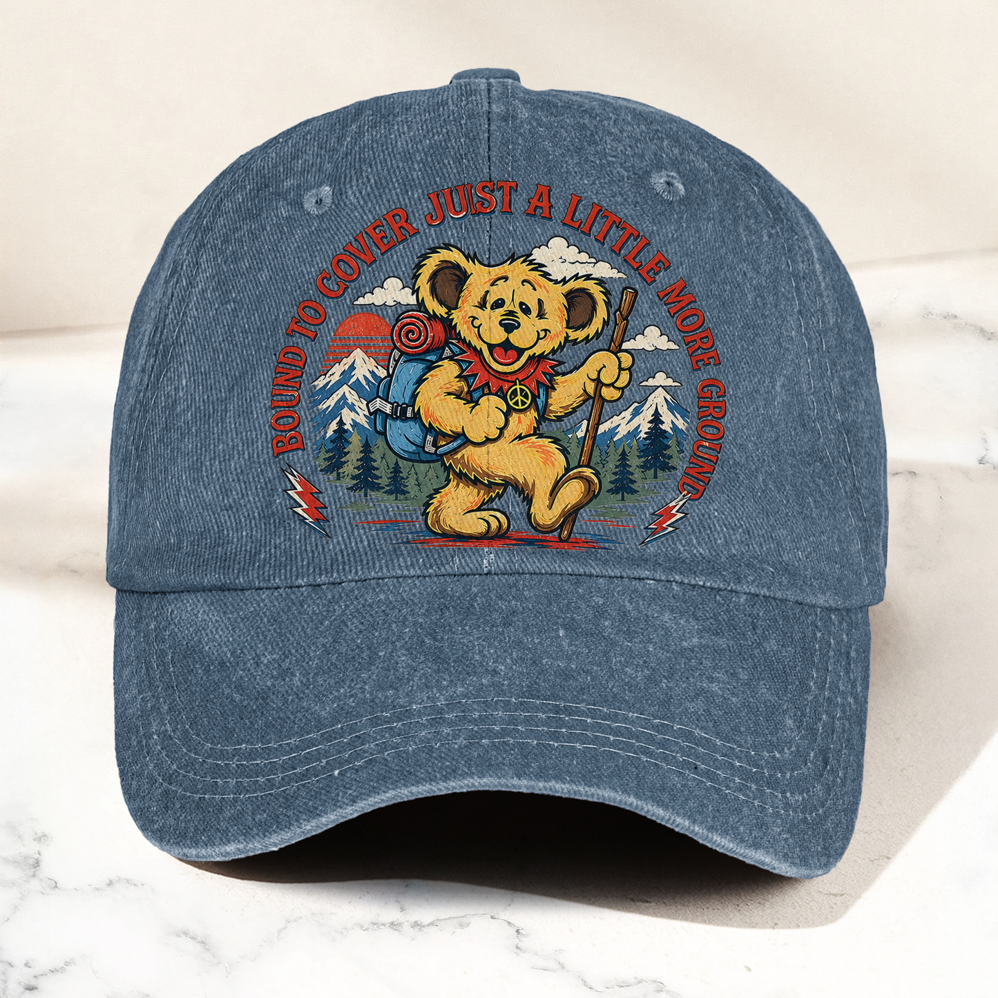Grateful Dead Truckin Bound To Cover Just A Little More Ground Hiking Bear Denim Cap – Retro Vintage Dad Cap Gift For Dad (With Box)