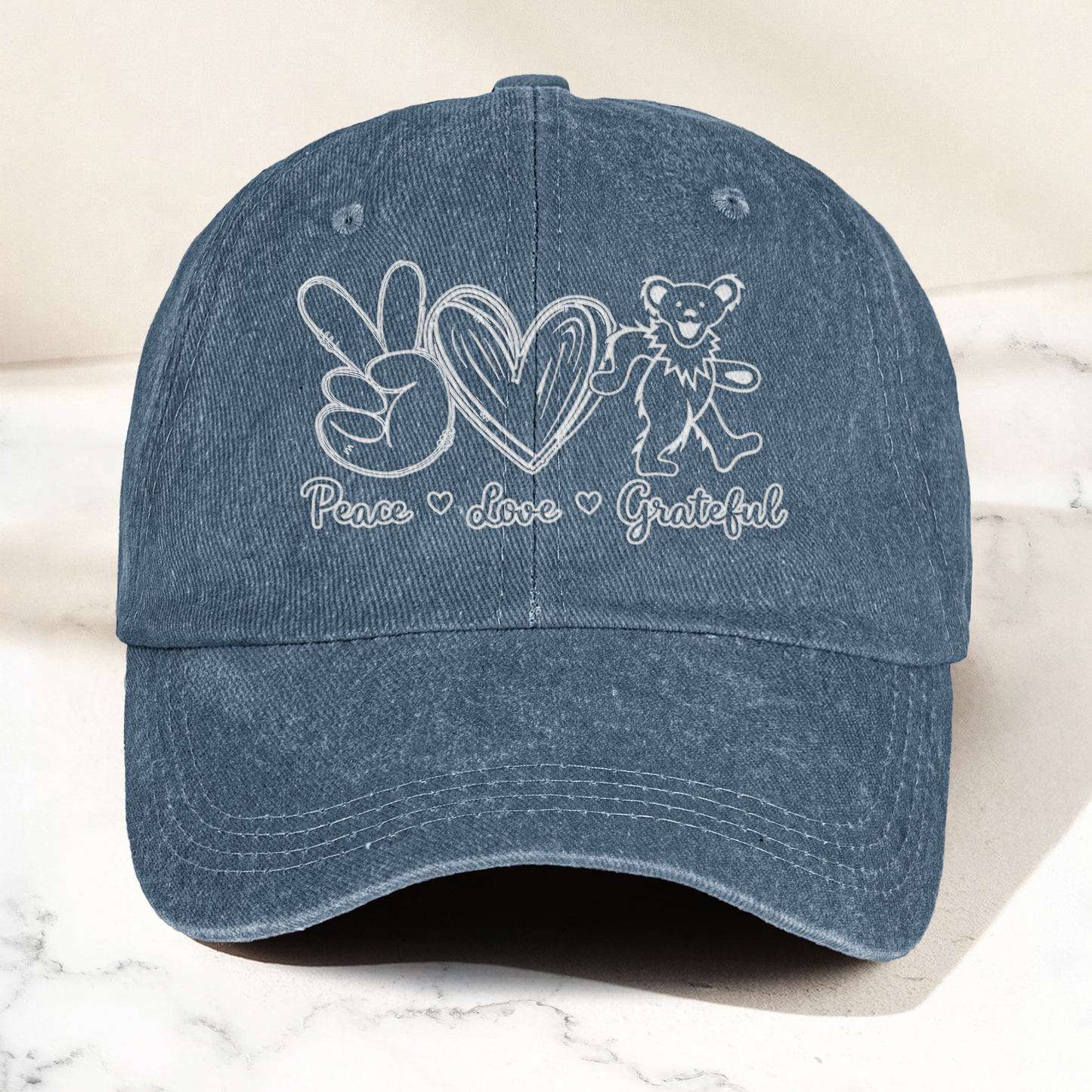 Peace Love Grateful Dancing Bear Vintage Denim Cap – Retro Grateful Dead Band Cap Gift For Dad (With Box)