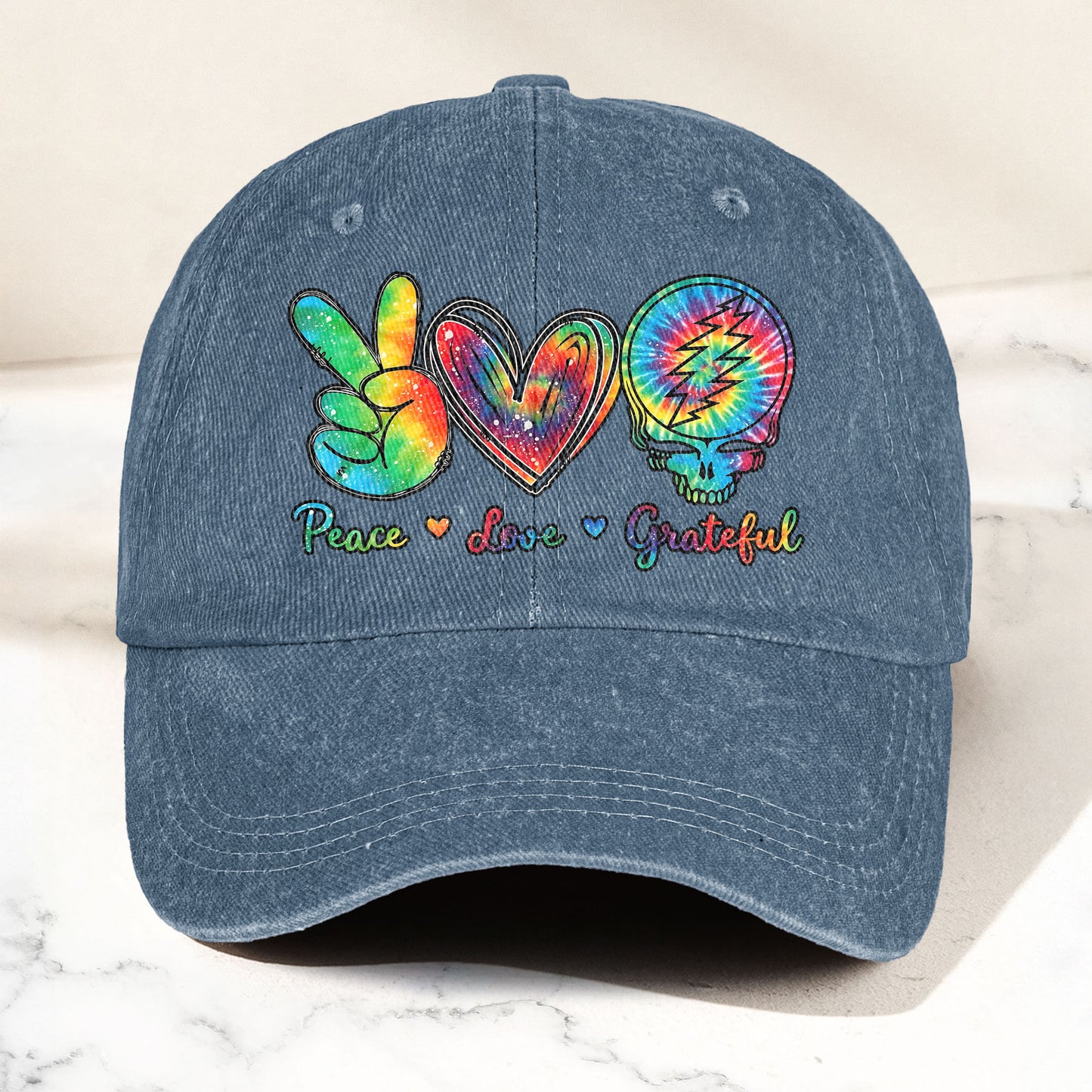 Peace Love Grateful Denim Cap – Retro Grateful Dead Merch Gift for Dad (With Box)