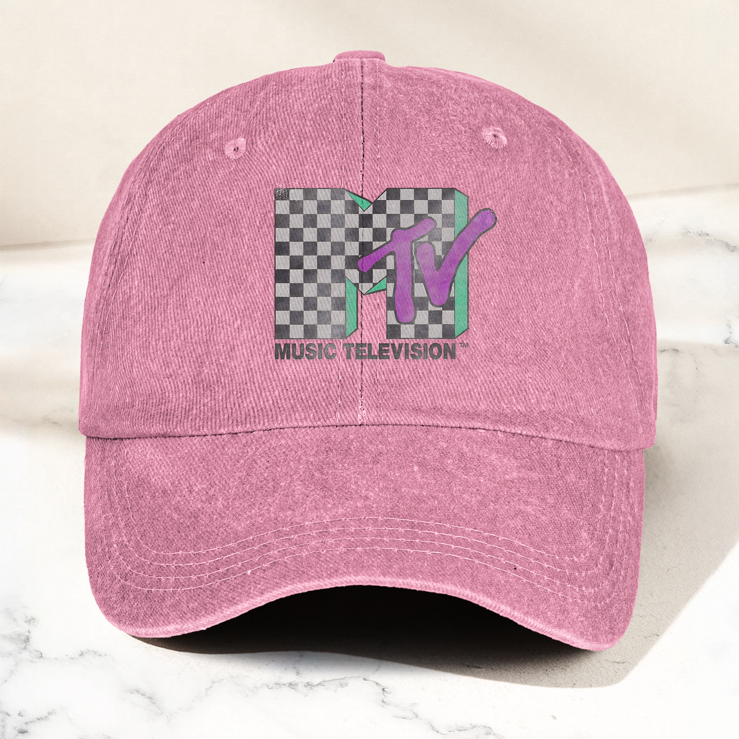 MTV Checkerboard Logo Cap – Vintage Washed Hat, Retro 80s Music Television Streetwear Hat (With Box)