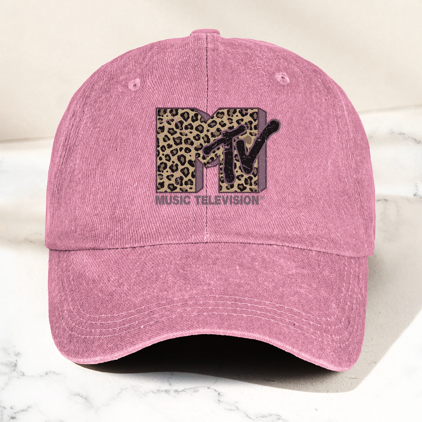 MTV Pink Leopard Logo Cap – Vintage Washed Hat, Retro Music Television Aesthetic Streetwear Hat (With Box)