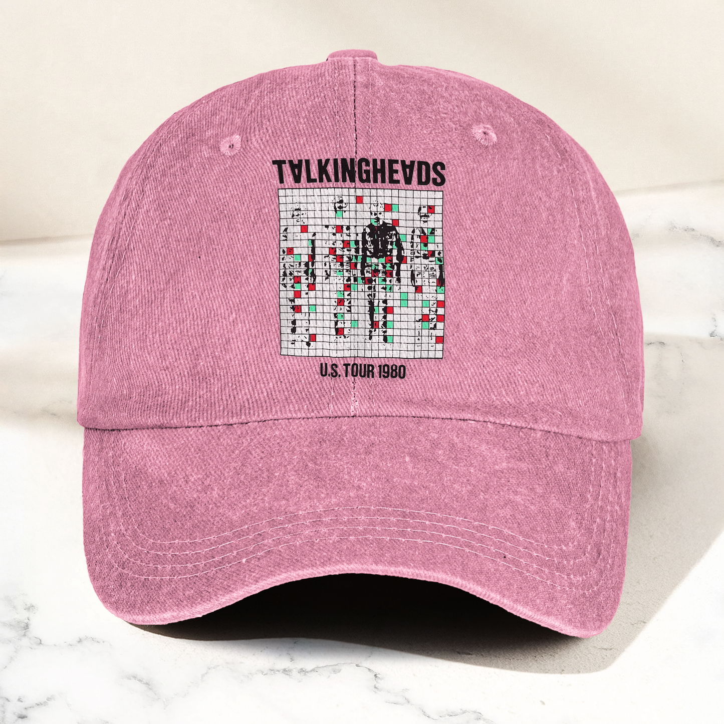 Talking Heads US Tour 1980 Cap – Vintage Washed Black Denim Dad Hat, Glitch Graphic Retro Band Hat (With Box)