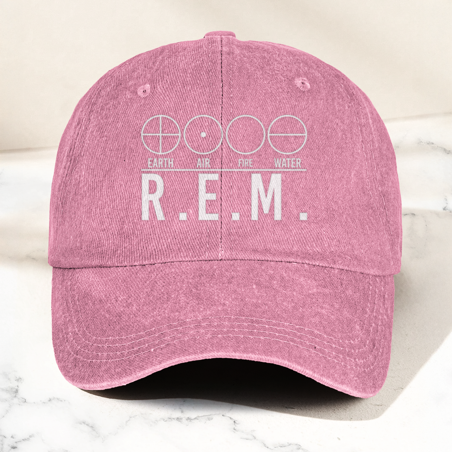 R.E.M Elements Logo Cap – Vintage Washed Black Denim Dad Hat, Earth Air Fire Water Minimalist Band Hat (With Box)