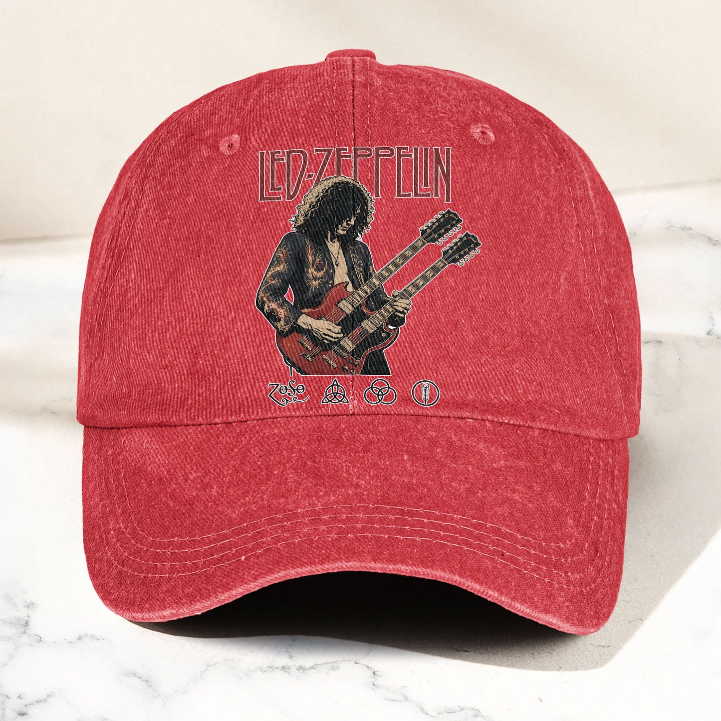 Led Zeppelin Jimmy Page Double Neck Guitar Zoso Music Merch Denim Cap – Retro Vintage Dad Cap Gift For Dad (With Box)