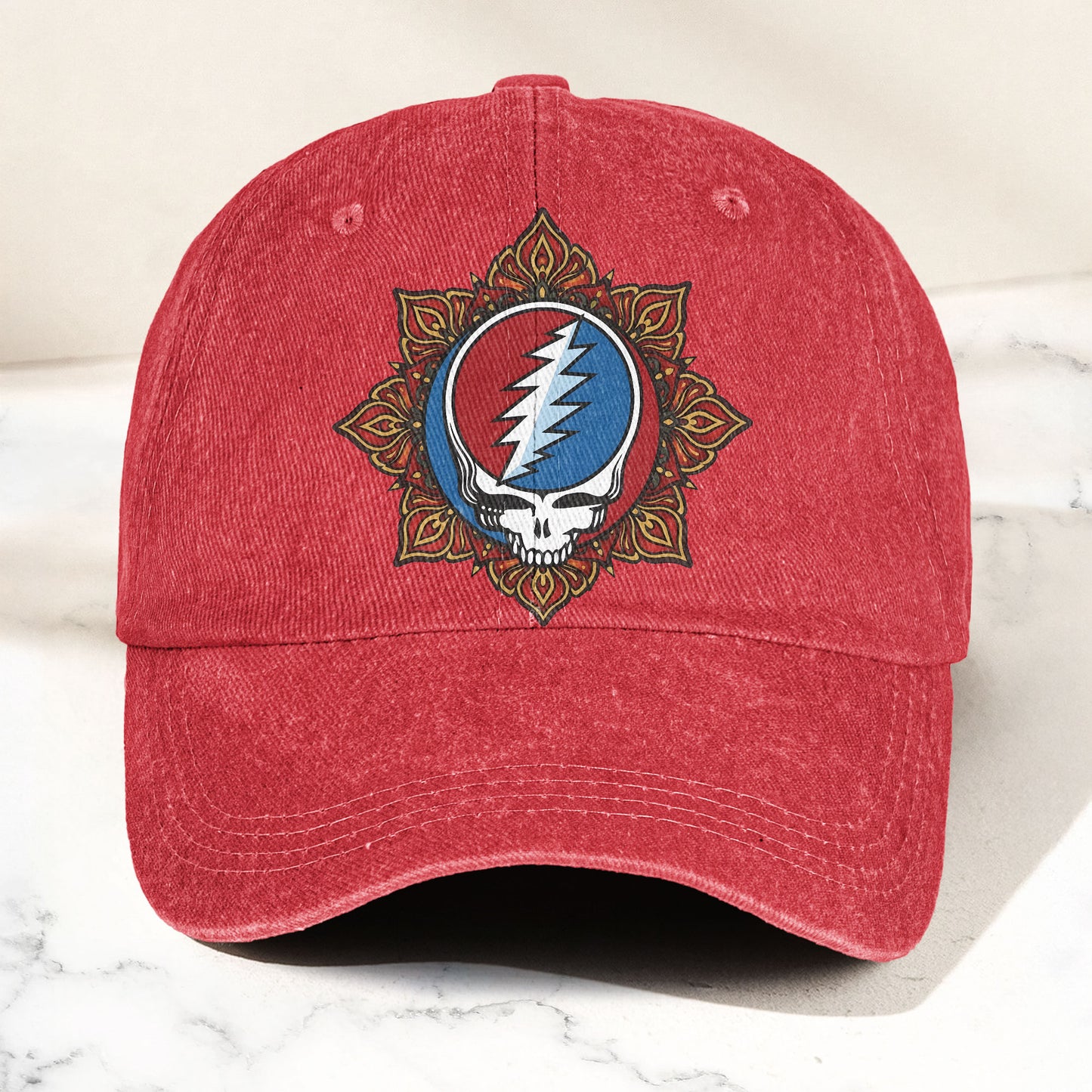 Grateful Dead Steal Your Face Mandala Lightning Skull Denim Cap – Retro Vintage Dad Cap Gift For Dad (With Box)