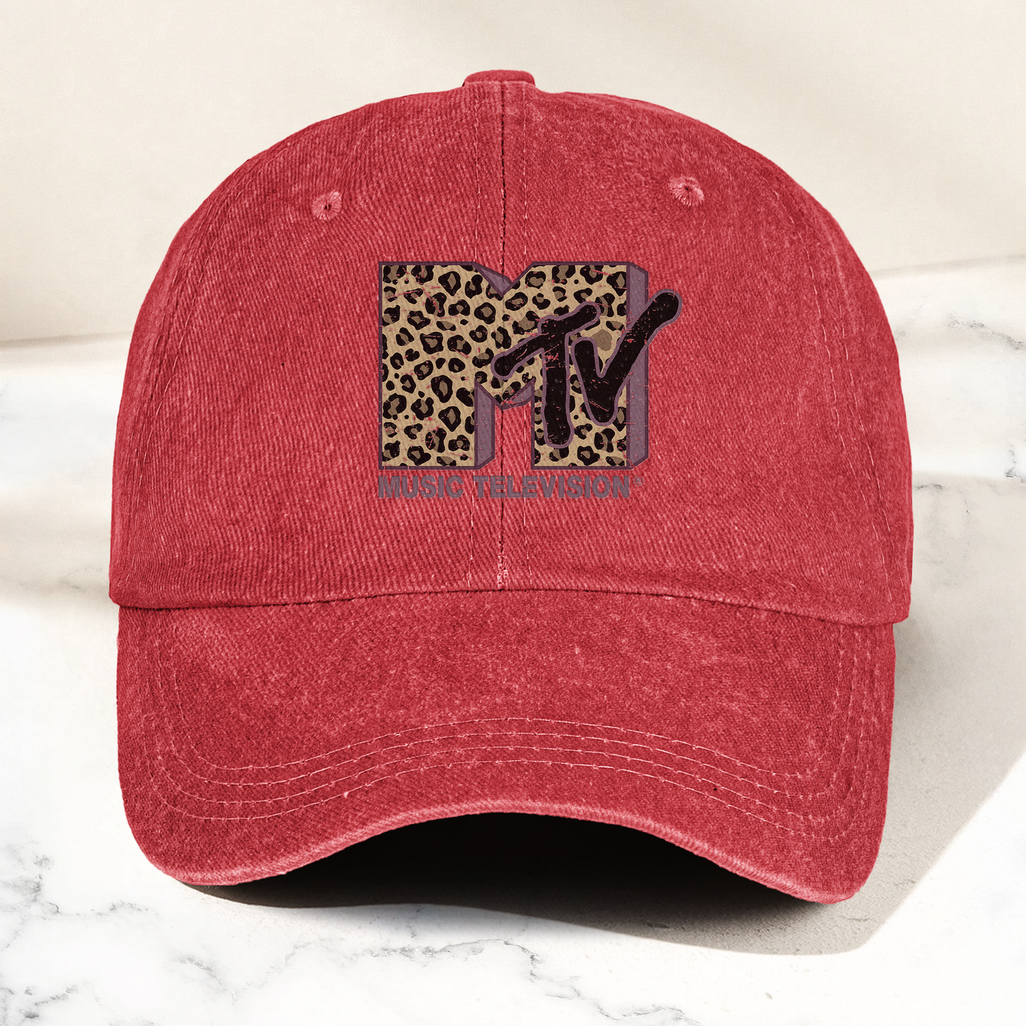 MTV Pink Leopard Logo Cap – Vintage Washed Hat, Retro Music Television Aesthetic Streetwear Hat (With Box)