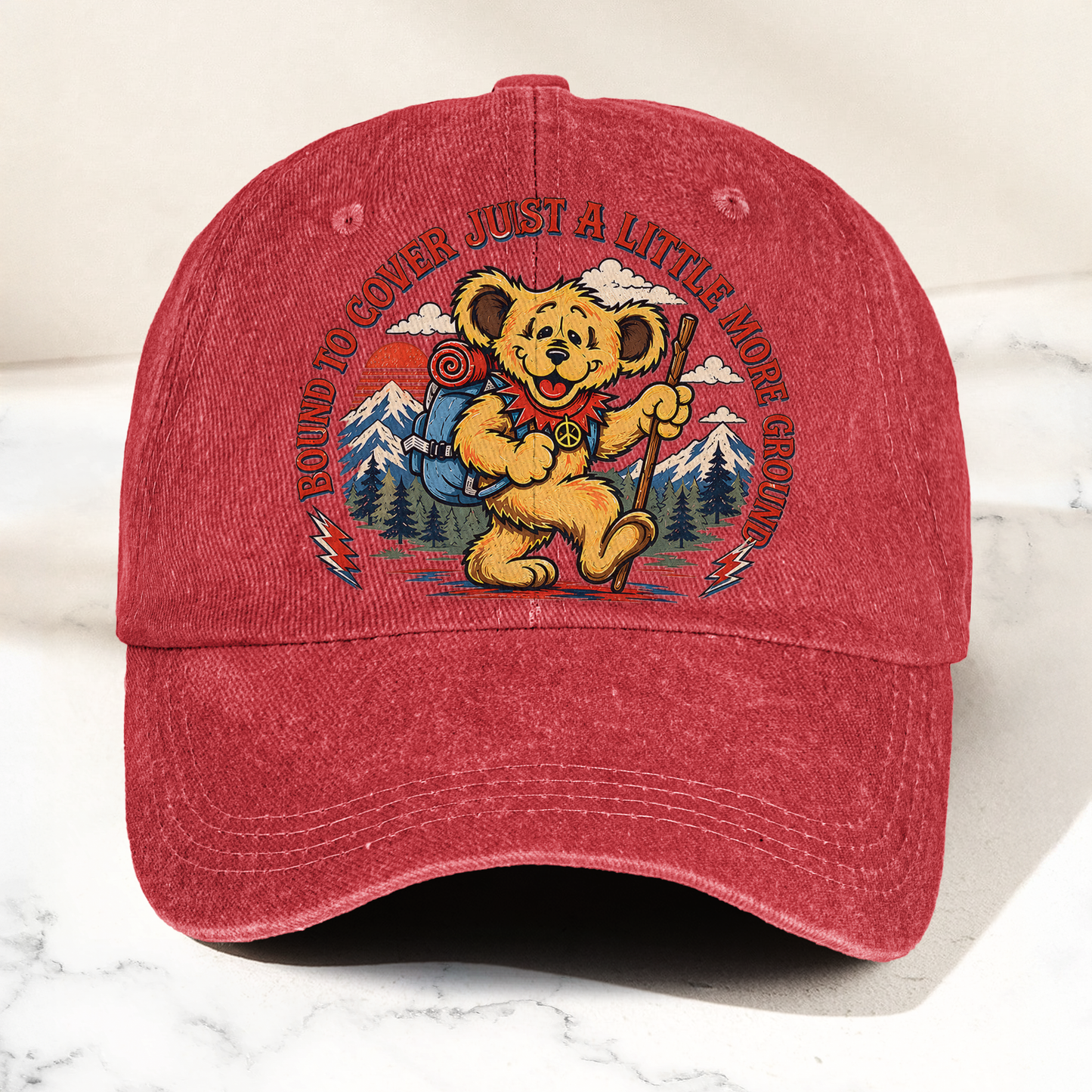 Grateful Dead Truckin Bound To Cover Just A Little More Ground Hiking Bear Denim Cap – Retro Vintage Dad Cap Gift For Dad (With Box)