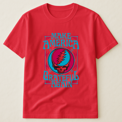 Make America Grateful Again T-Shirt – Retro Skull Lightning Music Parody Tee