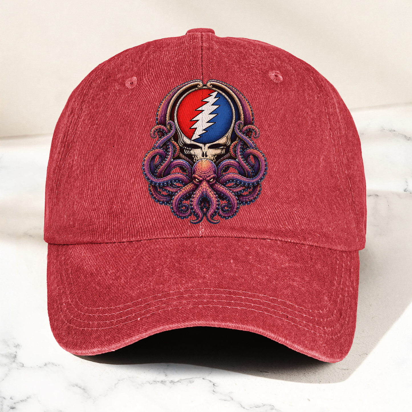 Grateful Dead Octopus Kraken Steal Your Face Lightning Skull Denim Cap – Retro Vintage Dad Cap Gift For Dad (With Box)