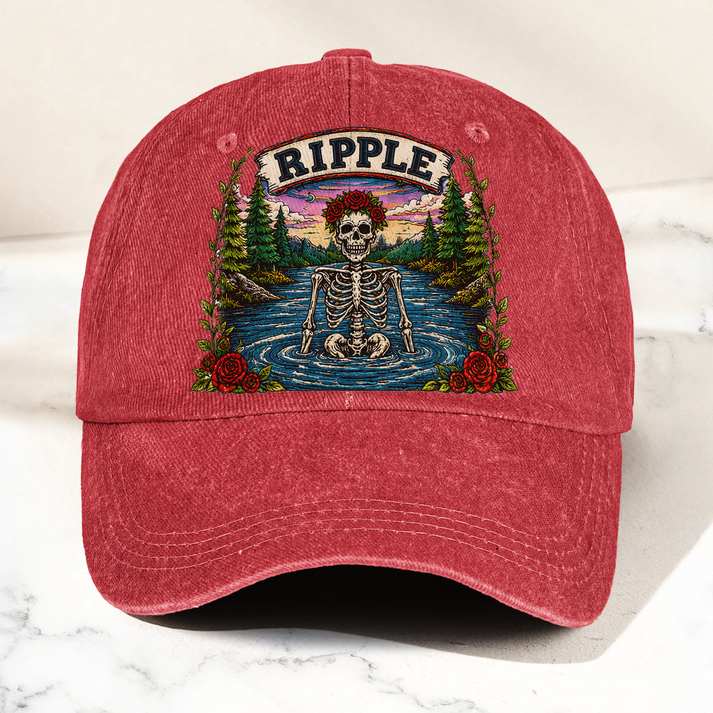 Grateful Dead Ripple Lyrics Skeleton River Nature Denim Cap – Retro Vintage Dad Cap Gift For Dad (With Box)