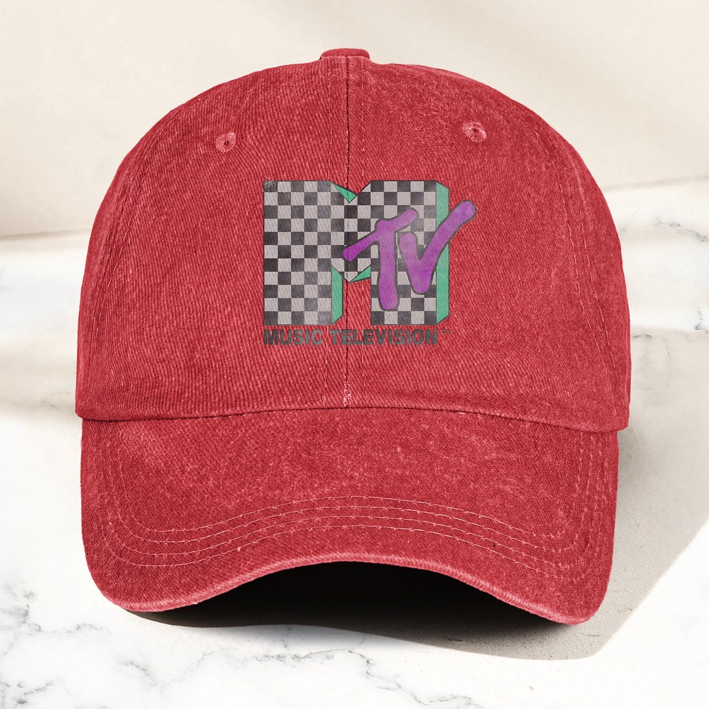 MTV Checkerboard Logo Cap – Vintage Washed Hat, Retro 80s Music Television Streetwear Hat (With Box)