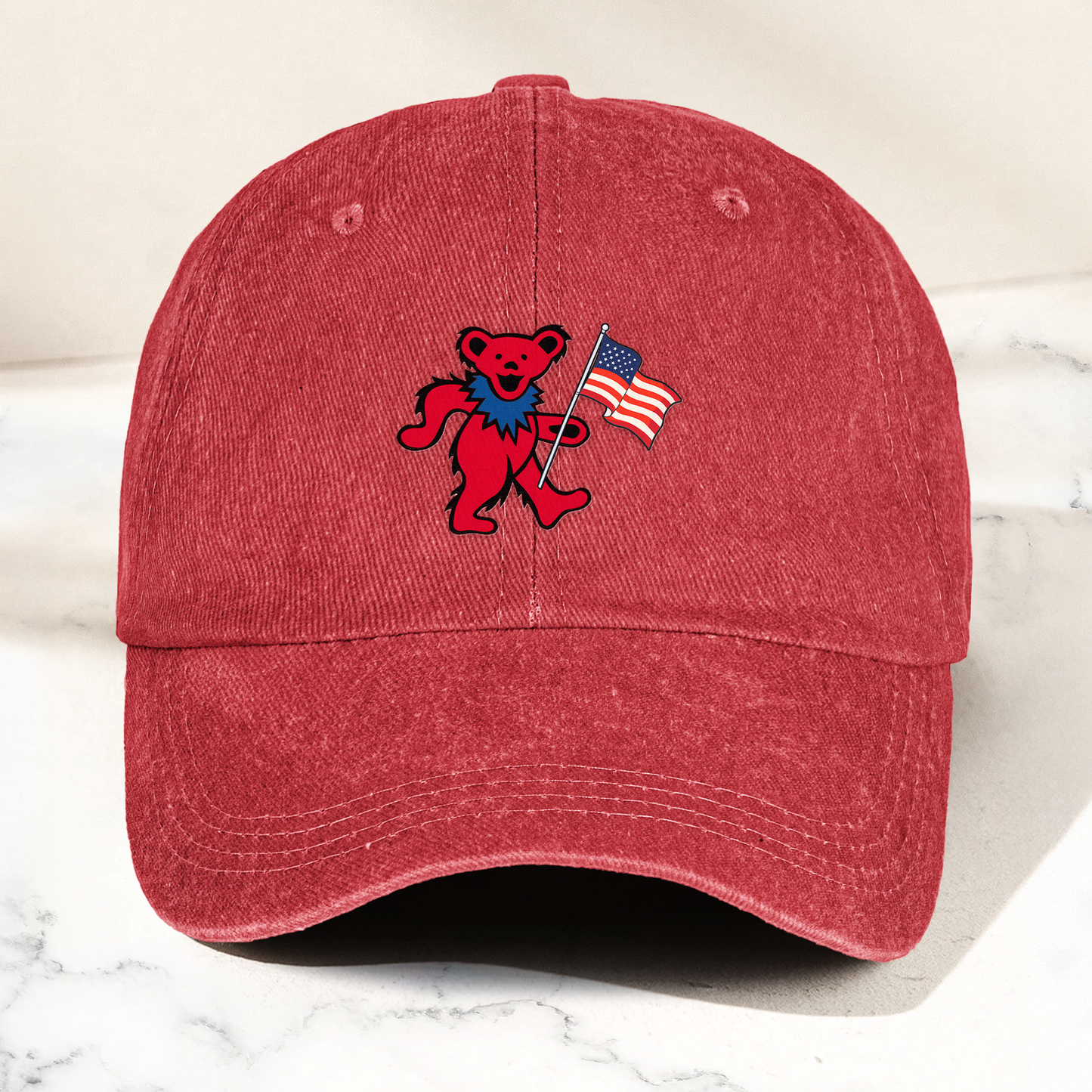Patriotic Dancing Bear Denim Cap – Retro USA Flag Dad Hat (With Box)