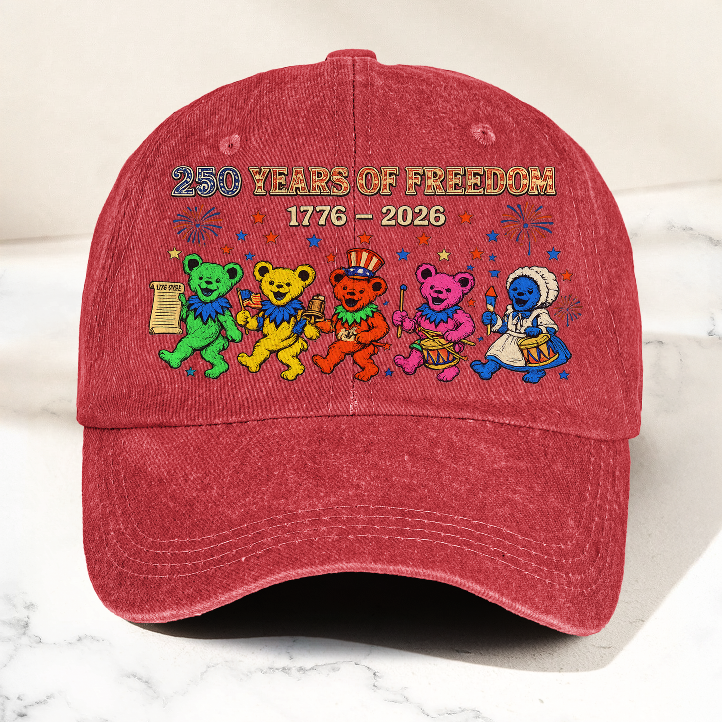Grateful Dead 250 Years Of Freedom 1776 2026 4th of July Dancing Bears Denim Cap – Retro Vintage Dad Cap Gift For Dad (With Box)