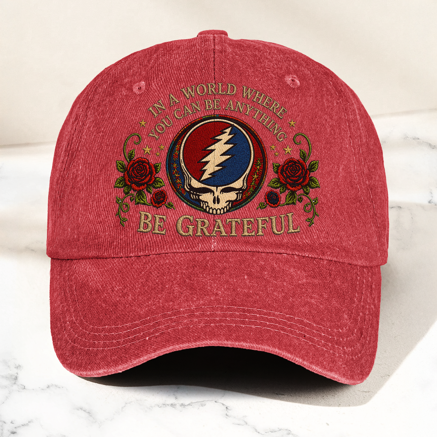 Grateful Dead Be Grateful Steal Your Face Lightning Skull Denim Cap – Retro Vintage Dad Cap Gift For Dad (With Box)