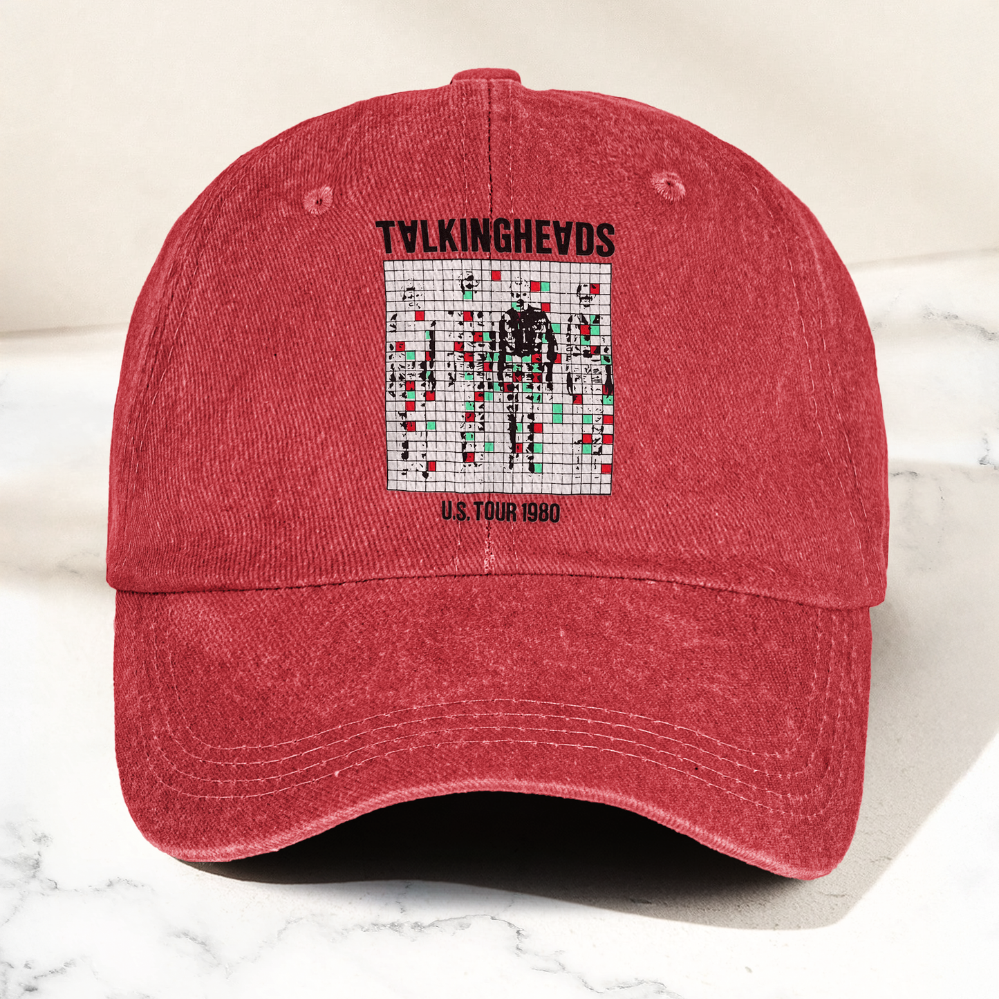 Talking Heads US Tour 1980 Cap – Vintage Washed Black Denim Dad Hat, Glitch Graphic Retro Band Hat (With Box)