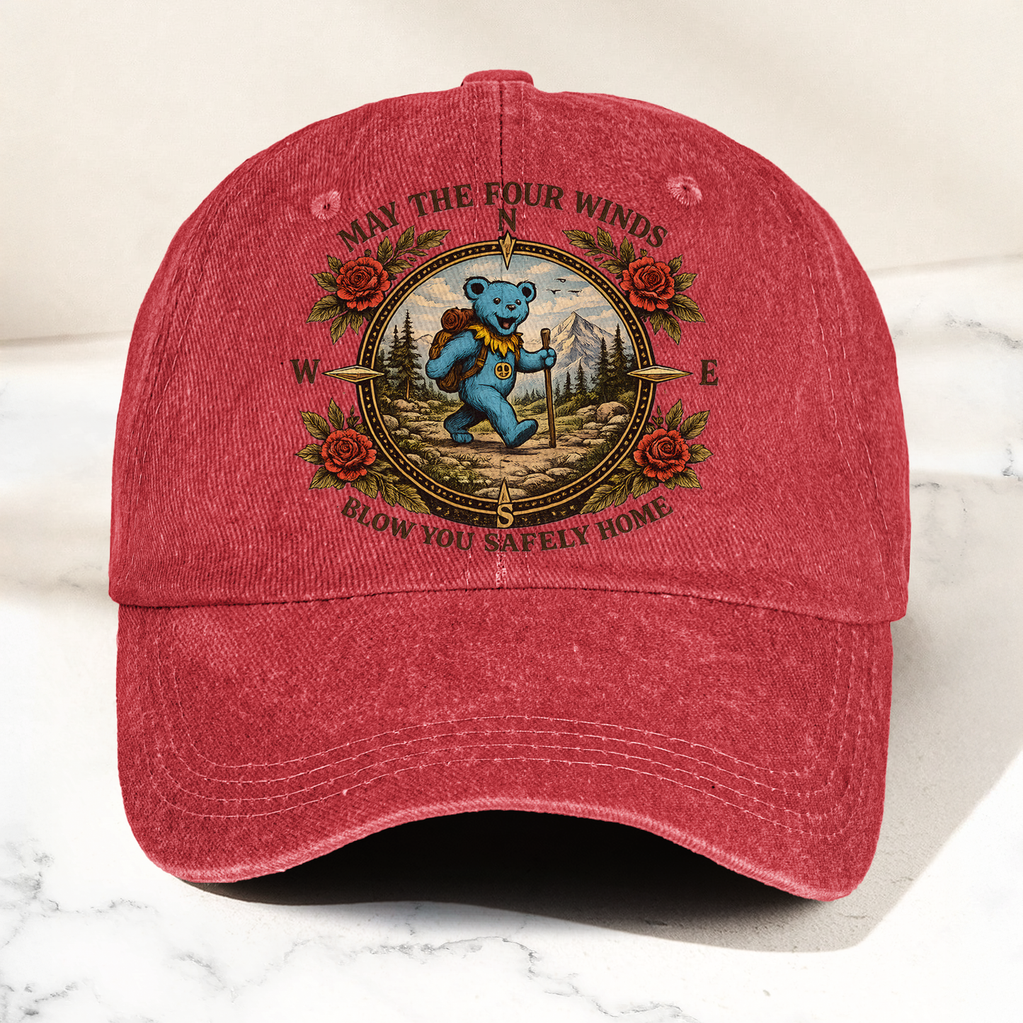 Grateful Dead Franklin's Tower May The Four Winds Blow You Safely Home Blue Dancing Bear Hiking Denim Cap – Retro Vintage Dad Cap Gift For Dad (With Box)