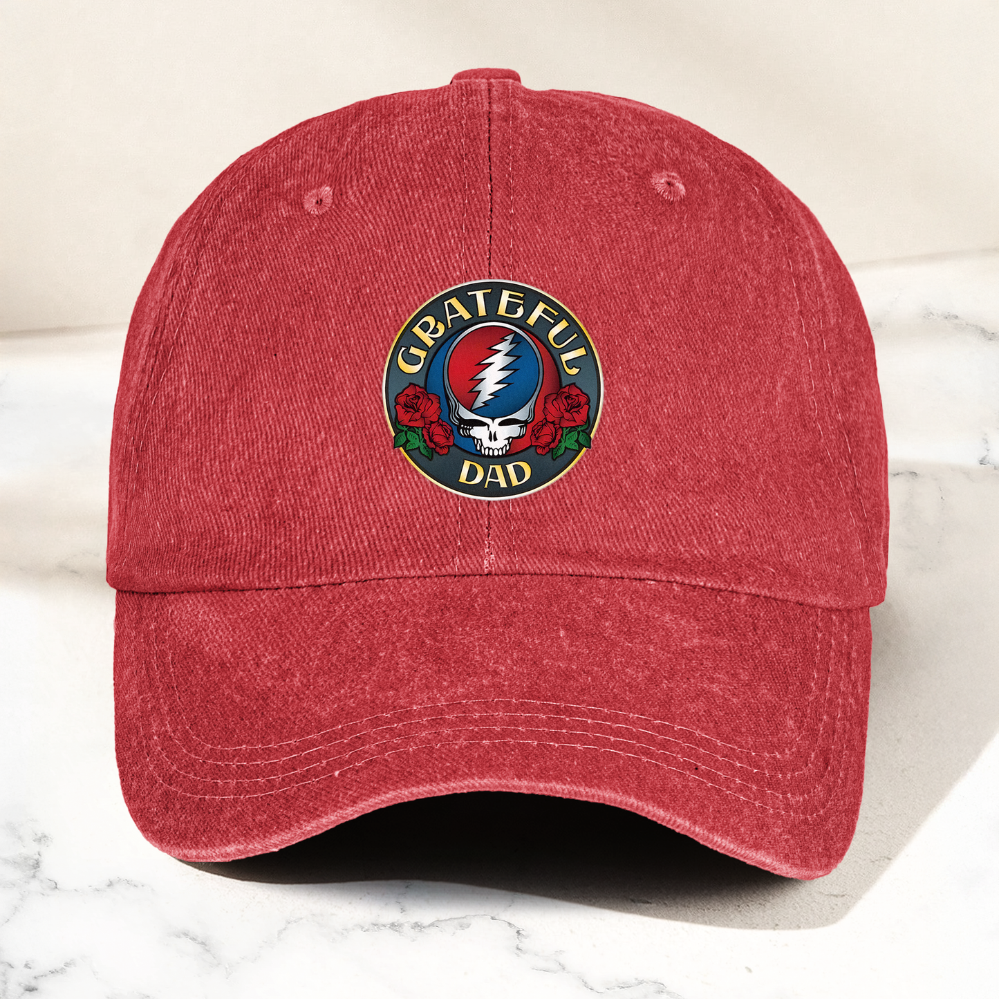 Grateful Dead Denim Cap – “Grateful Dad” Skull & Roses Dad Hat ( With Box)
