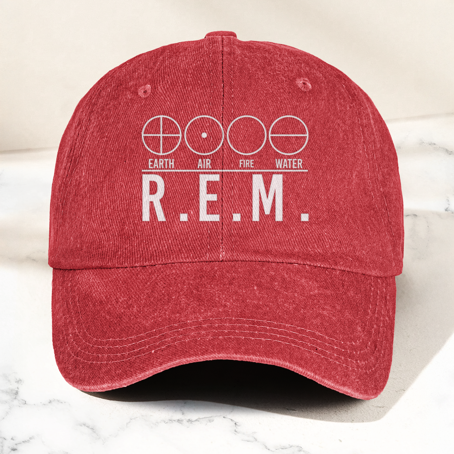 R.E.M Elements Logo Cap – Vintage Washed Black Denim Dad Hat, Earth Air Fire Water Minimalist Band Hat (With Box)