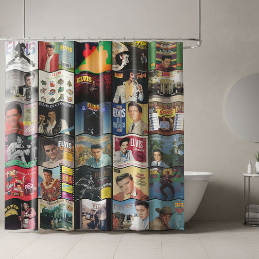 Elvis Presley Vintage Album Collage Shower Curtain – Retro Music Nostalgia Bathroom Decor