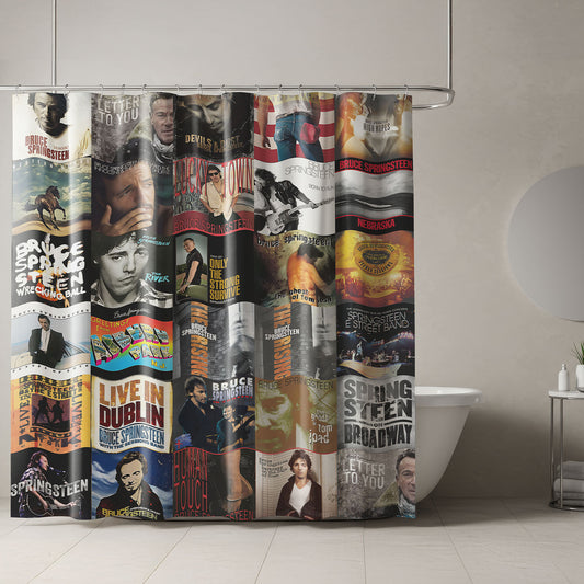 Bruce Springsteen Vintage Album Collage Shower Curtain – Classic Rock Nostalgia Bathroom Decor
