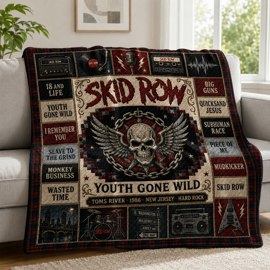 Skid Row Winged Skull Quilt Blanket – 18 And Life Vintage Hard Rock High Quality Blanket