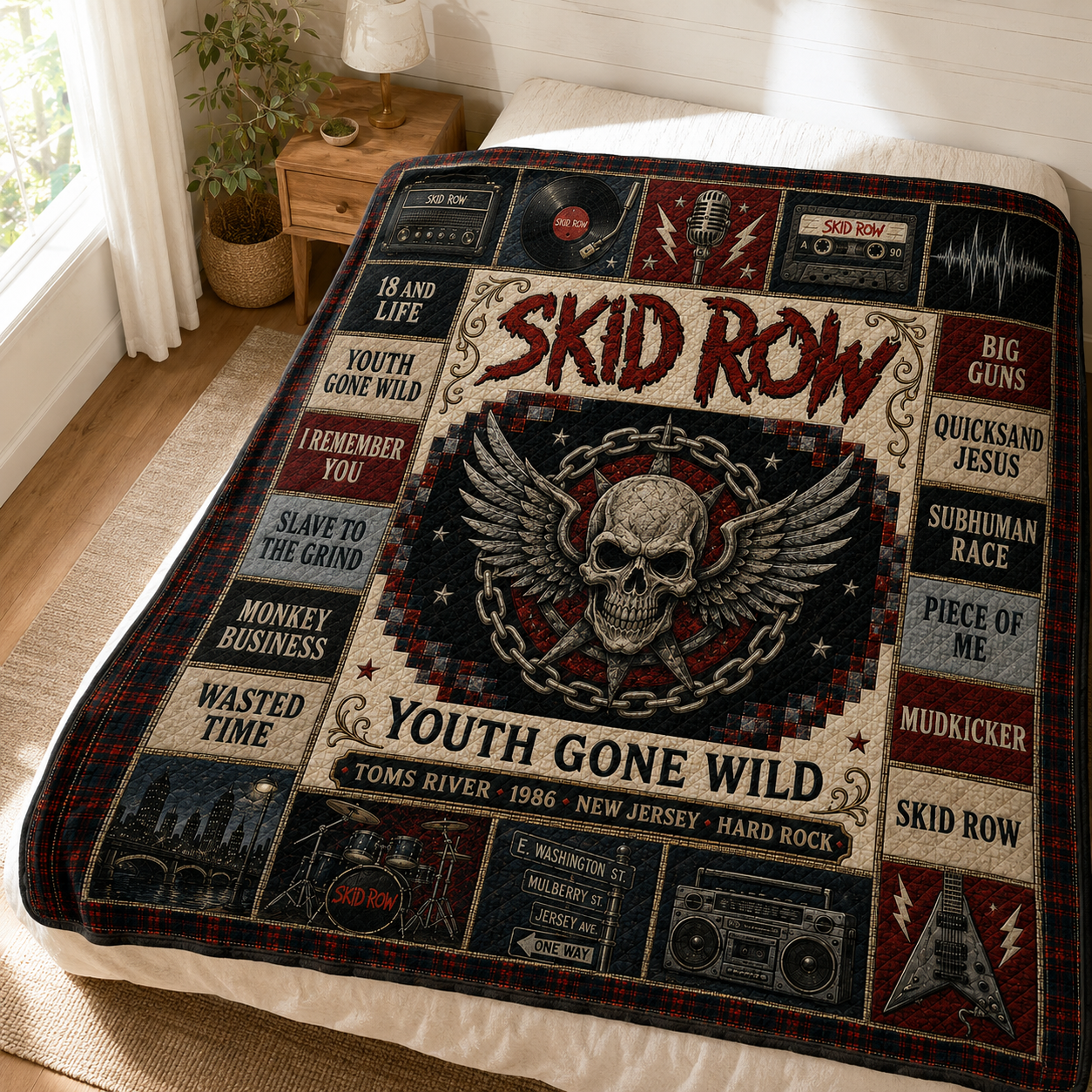 Skid Row Winged Skull Quilt Blanket – 18 And Life Vintage Hard Rock High Quality Blanket