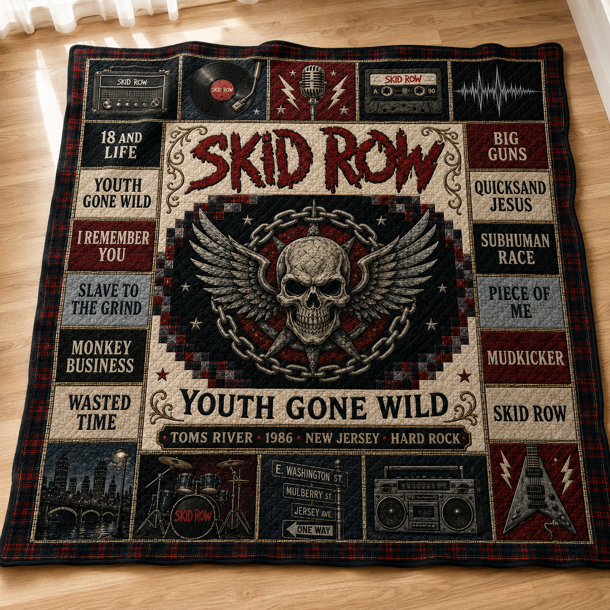 Skid Row Winged Skull Quilt Blanket – 18 And Life Vintage Hard Rock High Quality Blanket