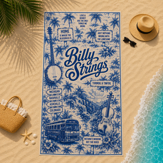 Billy Strings Bluegrass Toile Style Beach Towel – Vintage Tropical Toile Banjo & Fiddle Design for Music Fans
