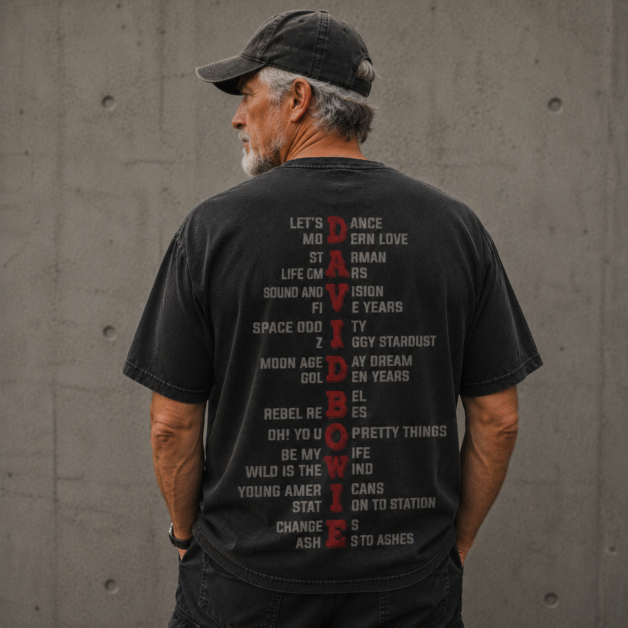 David Bowie Song Titles Vintage Washed T-Shirt – Iconic Lyrics Graphic Tee for Classic Rock Fans