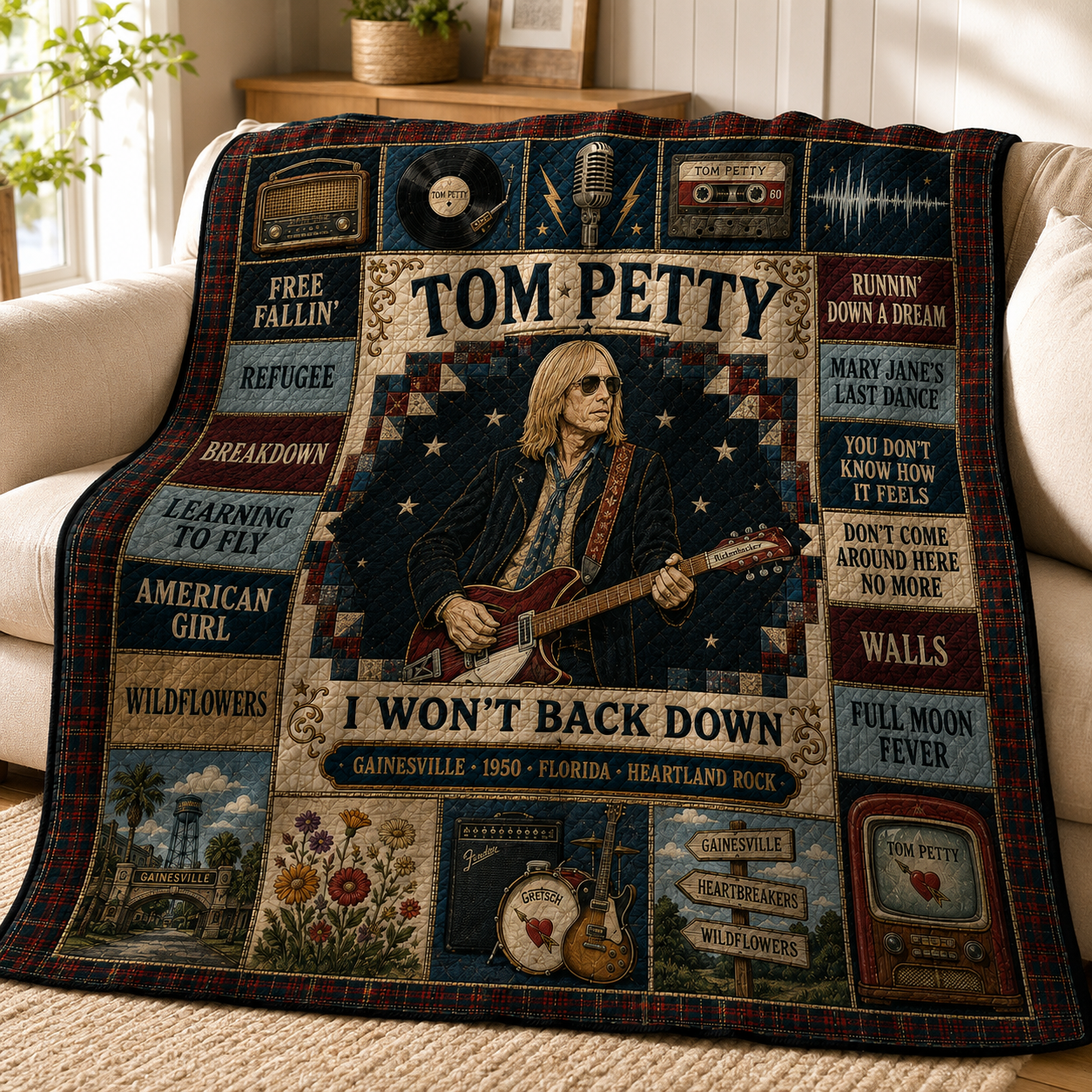 Tom Petty Rickenbacker Guitar Quilt Blanket – Free Fallin' Wildflowers High Quality Blanket