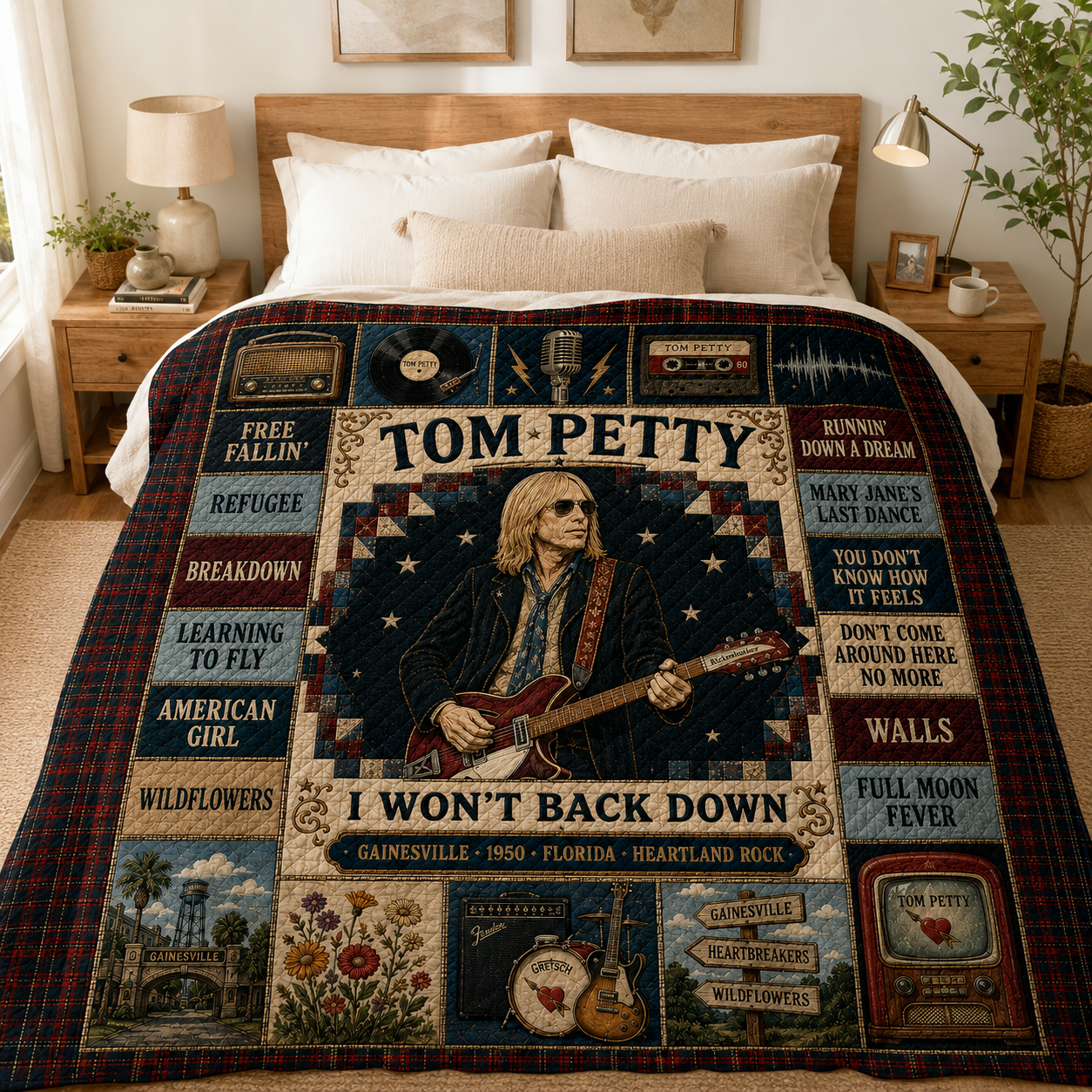 Tom Petty Rickenbacker Guitar Quilt Blanket – Free Fallin' Wildflowers High Quality Blanket
