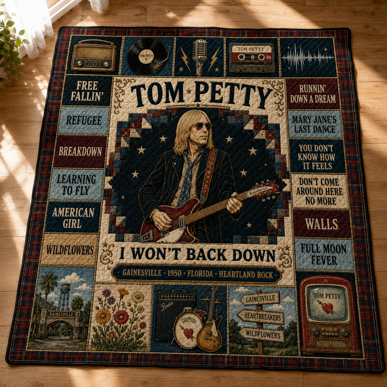 Tom Petty Rickenbacker Guitar Quilt Blanket – Free Fallin' Wildflowers High Quality Blanket