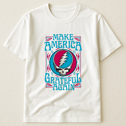 Make America Grateful Again T-Shirt – Retro Skull Lightning Music Parody Tee
