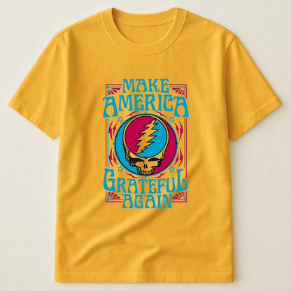 Make America Grateful Again T-Shirt – Retro Skull Lightning Music Parody Tee